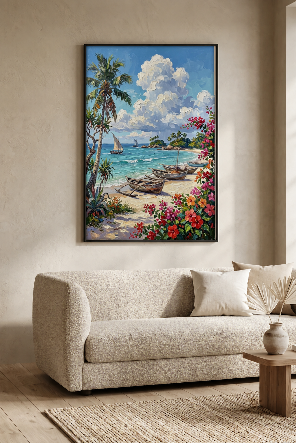 Landscape Art - Beach and Boats framed print in a room