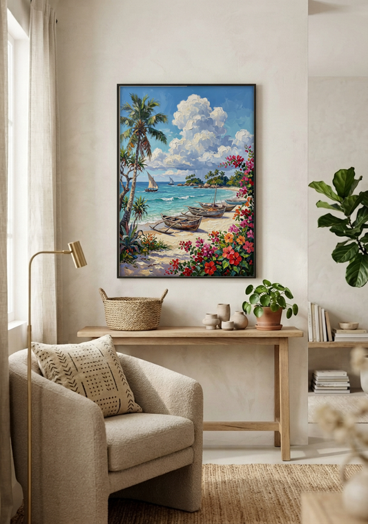Landscape Art - Beach and Boats framed print in a room