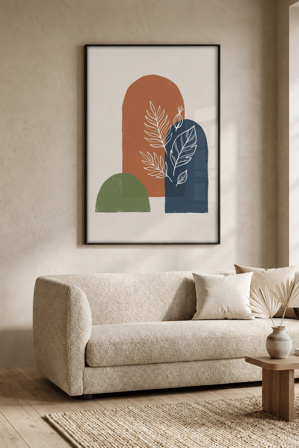 Abstract Art - Botanica in Rust & Indigo framed print in a room