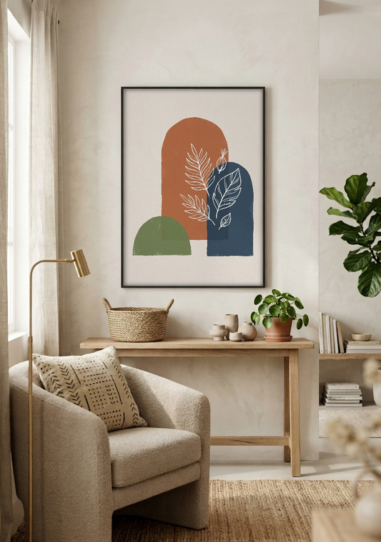 Abstract Art - Botanica in Rust & Indigo framed print in a room