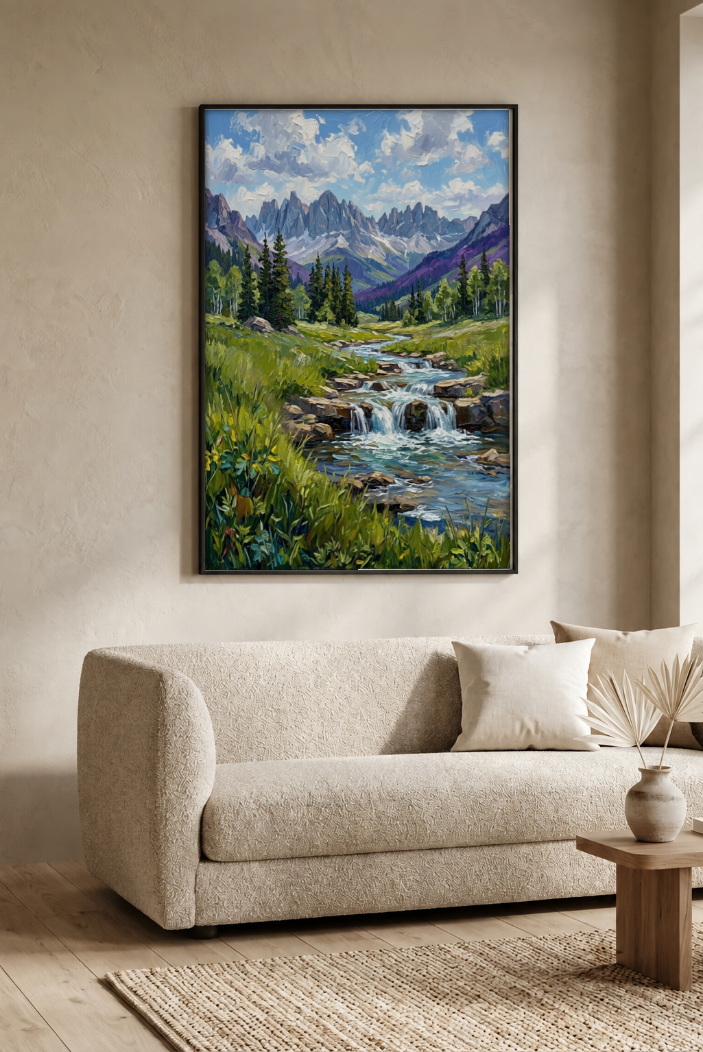Landscape Art - Grass and Waterfall framed print in a room