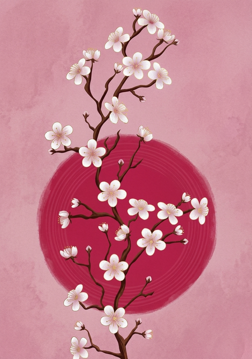 Japanese Art - Cherry Blossom, pink sun and blossom print
