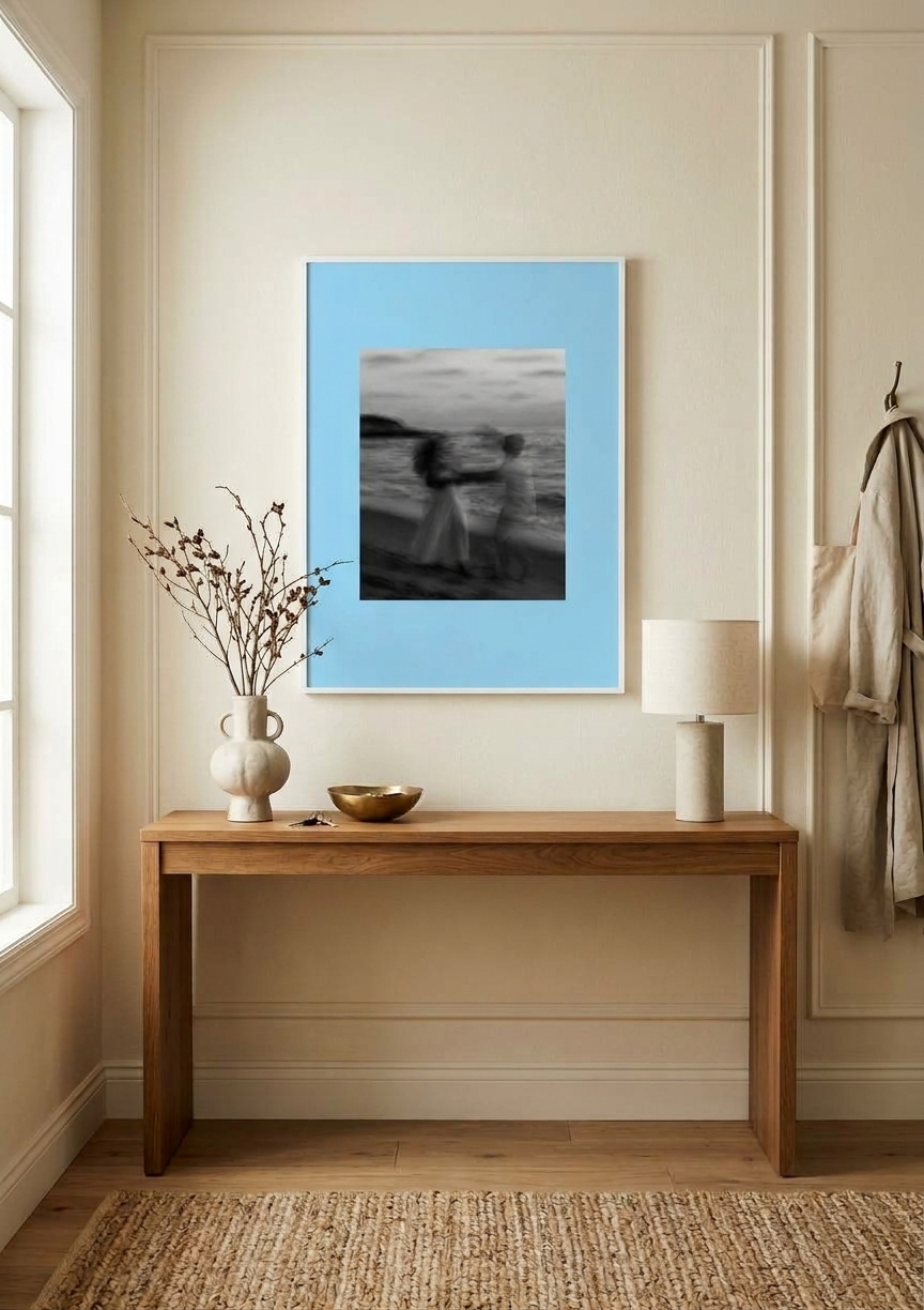 Pinterest Inspired Custom Frame with a dusty blue mountboard