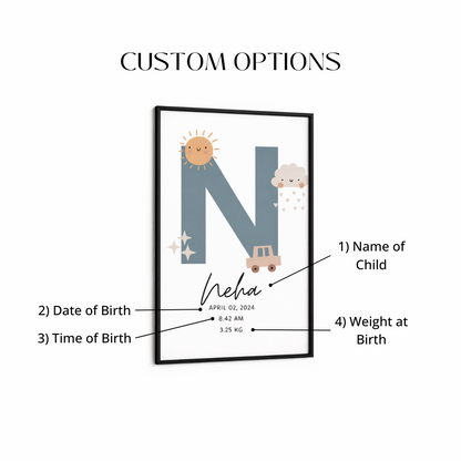 Personalised Birth Details Poster - Grey Sunshine