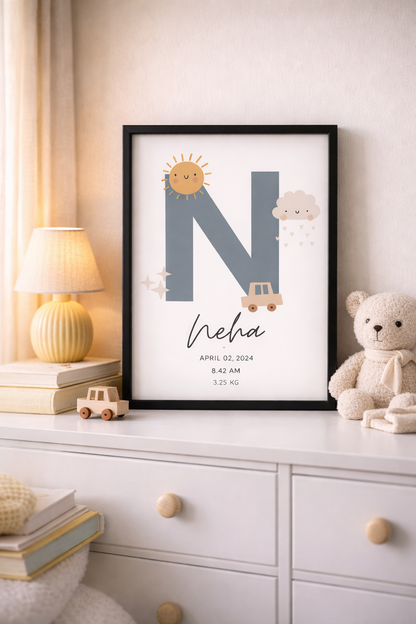 Personalised Birth Details Poster - Grey Sunshine