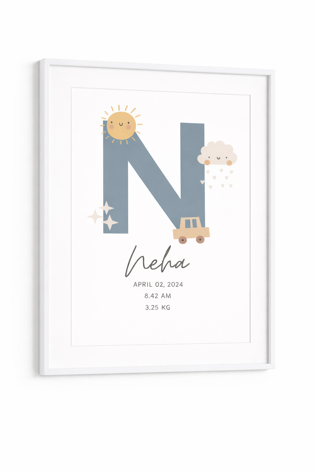Personalised Birth Details Poster - Grey Sunshine