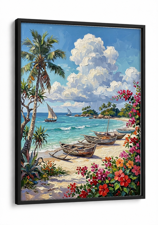 Landscape Art - Beach and Boats framed print in a black frame