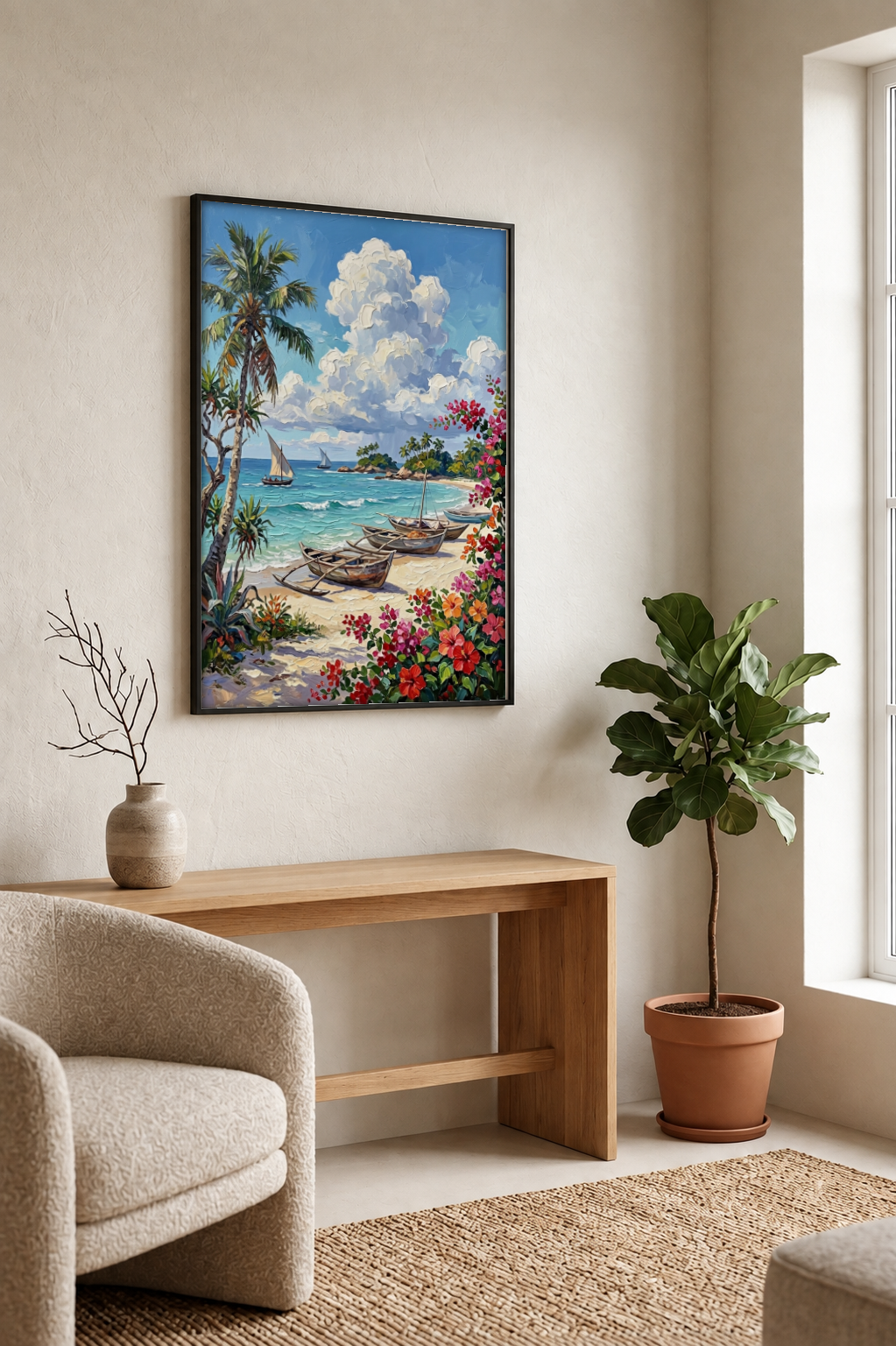Landscape Art - Beach and Boats framed print in a room