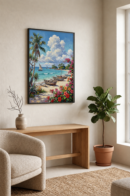 Landscape Art - Beach and Boats framed print in a room