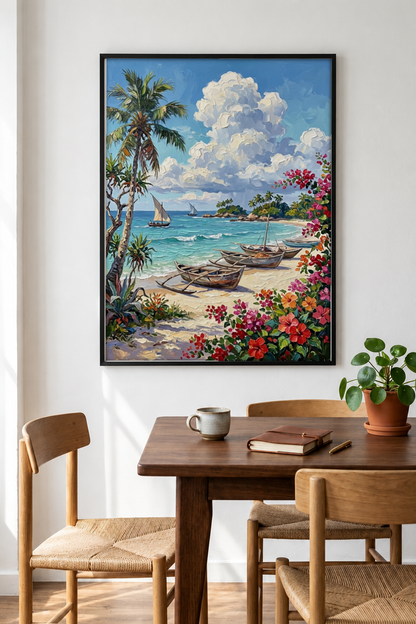 Landscape Art - Beach and Boats framed print in a room
