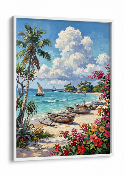 Landscape Art - Beach and Boats framed print in a white frame