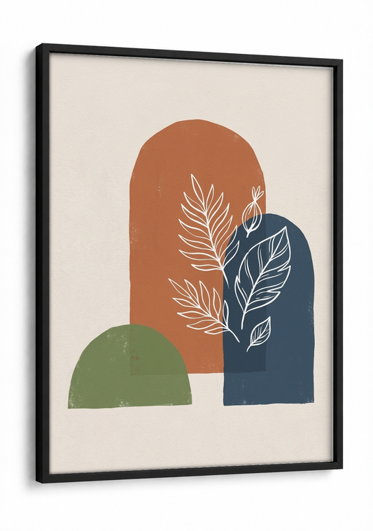 Abstract Art - Botanica in Rust & Indigo framed print in a black frame