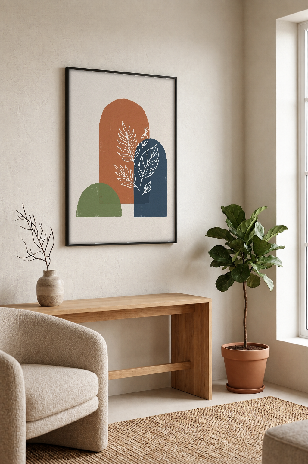 Abstract Art - Botanica in Rust & Indigo framed print in a room