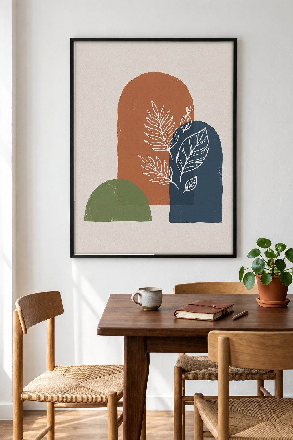 Abstract Art - Botanica in Rust & Indigo framed print in a room
