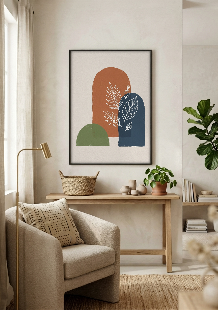 Abstract Art - Botanica in Rust & Indigo framed print in a room