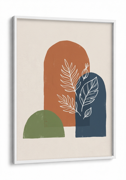 Abstract Art - Botanica in Rust & Indigo framed print in a white frame