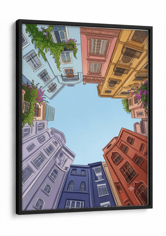 Landscape Art - Circle of Buildings framed print in a black frame