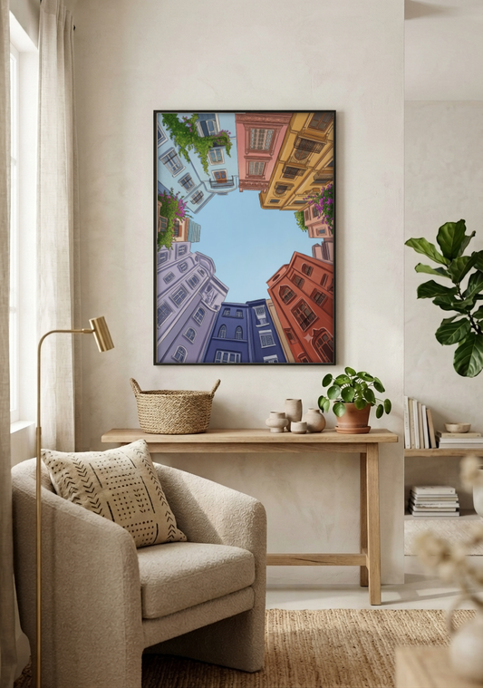 Landscape Art - Circle of Buildings framed print in a room