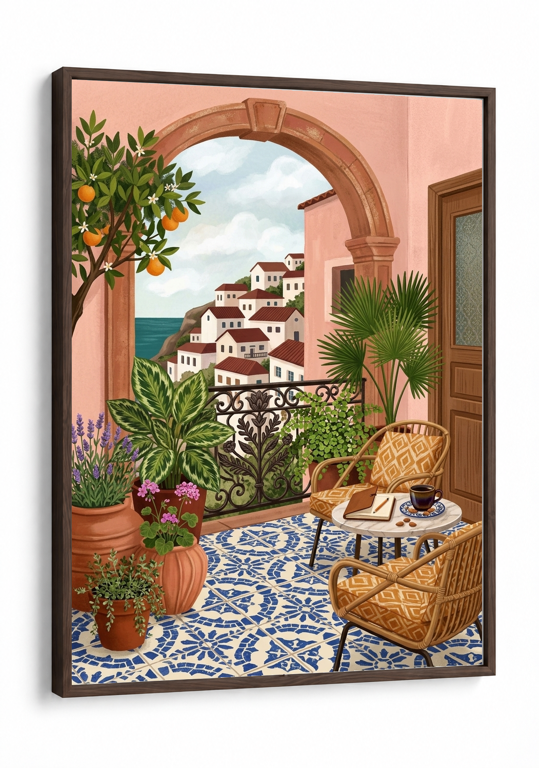 Landscape Art - Citrus and Sea Air framed print in a brown frame