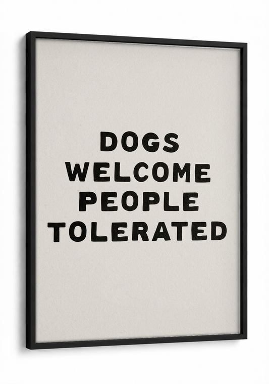 Pop Art - Dogs Welcome People Tolerated framed print in a black frame