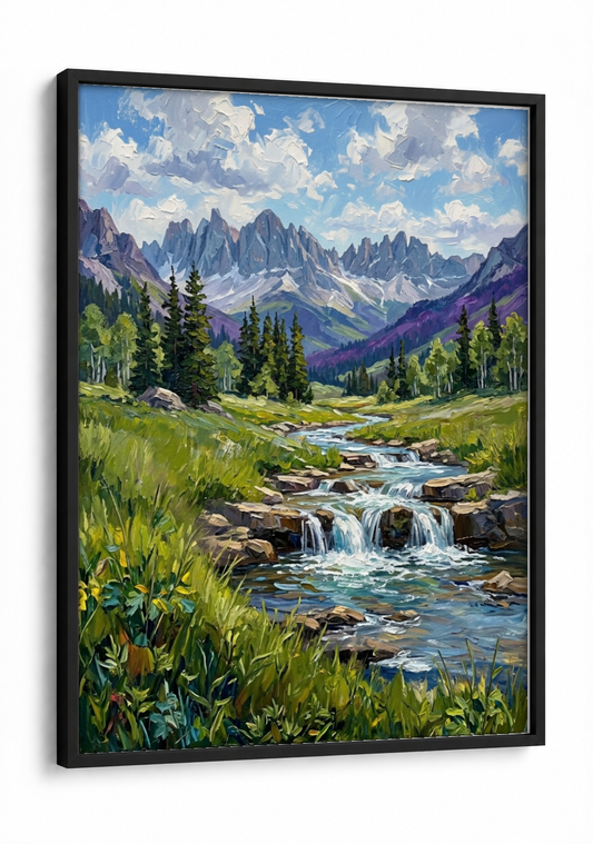 Landscape Art - Grass and Waterfall framed print in a black frame