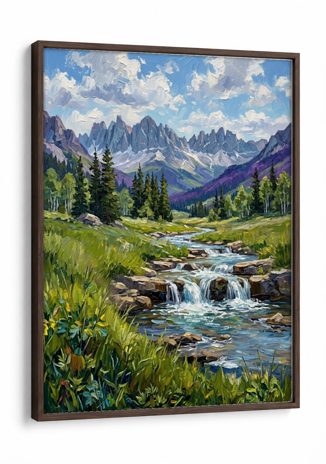 Landscape Art - Grass and Waterfall framed print in a brown frame
