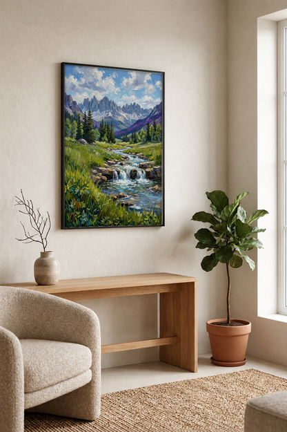 Landscape Art - Grass and Waterfall framed print in a room