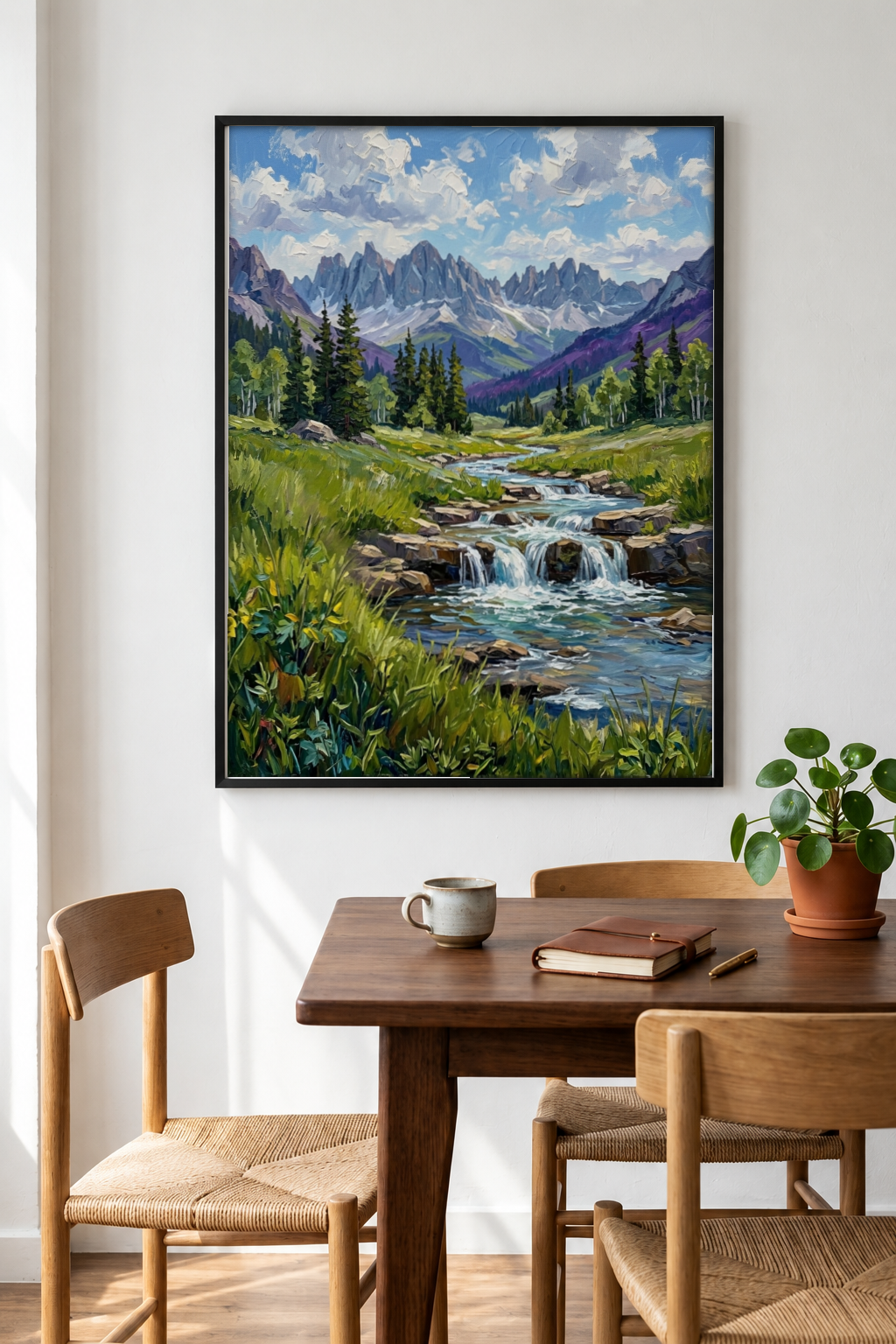 Landscape Art - Grass and Waterfall framed print in a room