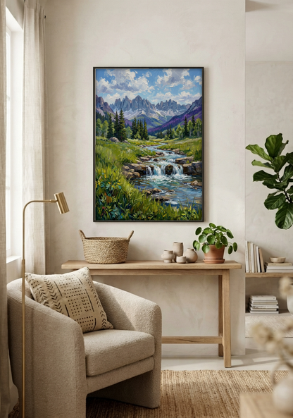 Landscape Art - Grass and Waterfall framed print in a room