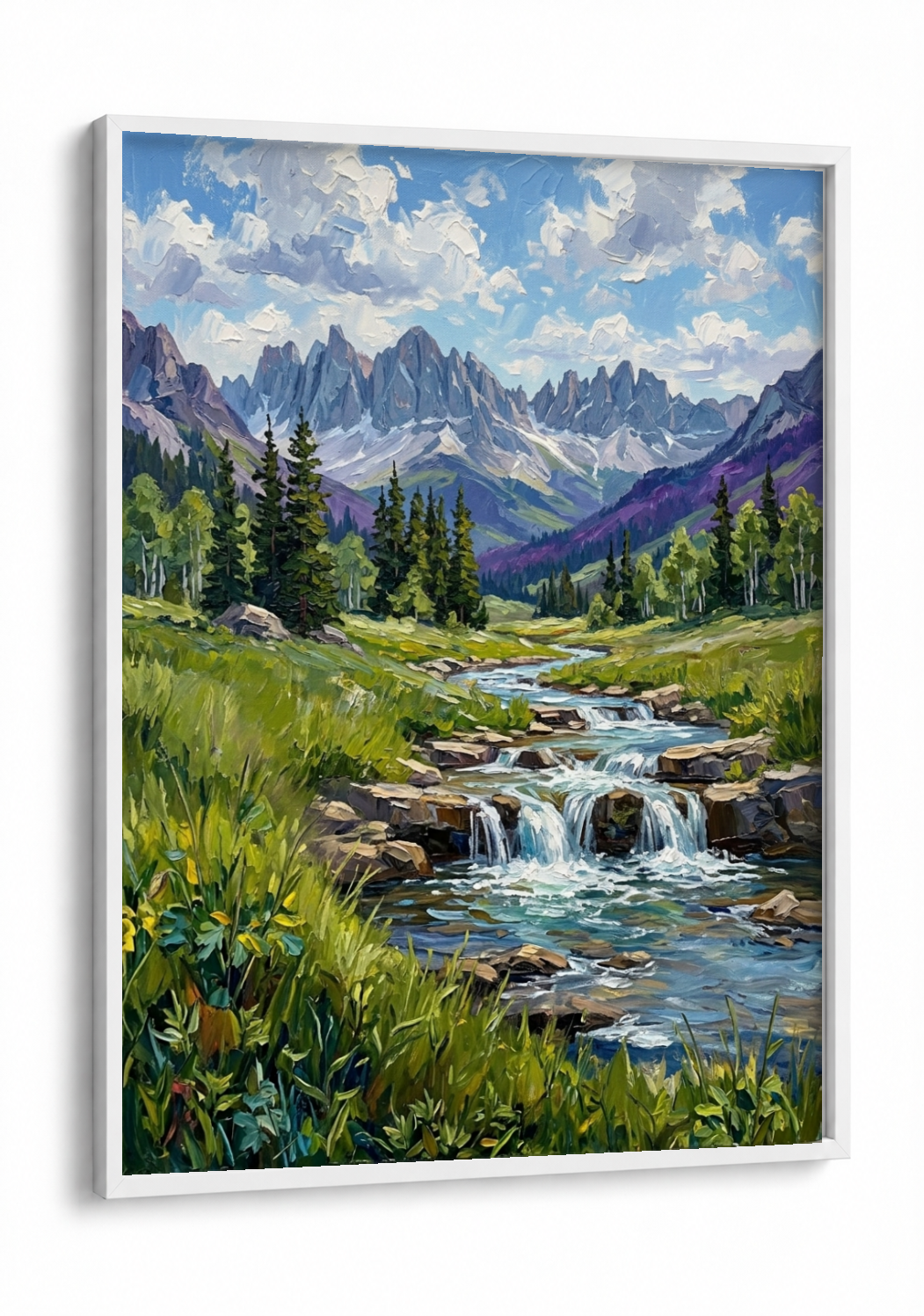 Landscape Art - Grass and Waterfall framed print in a white frame