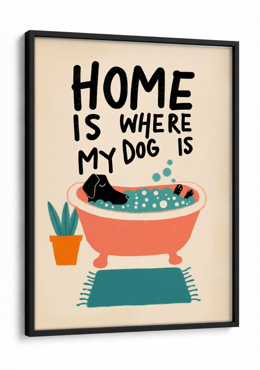Pop Art - Home is Where my Dog is framed print in a black frame