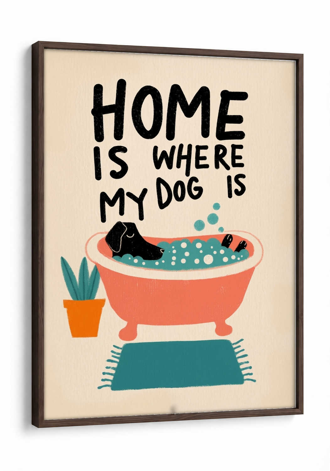 Pop Art - Home is Where my Dog is framed print in a brown frame