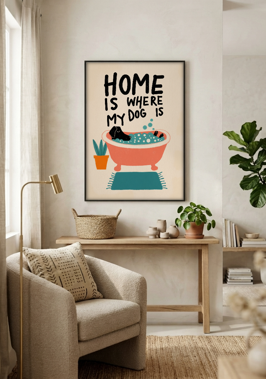 Pop Art - Home is Where my Dog is framed print in a room