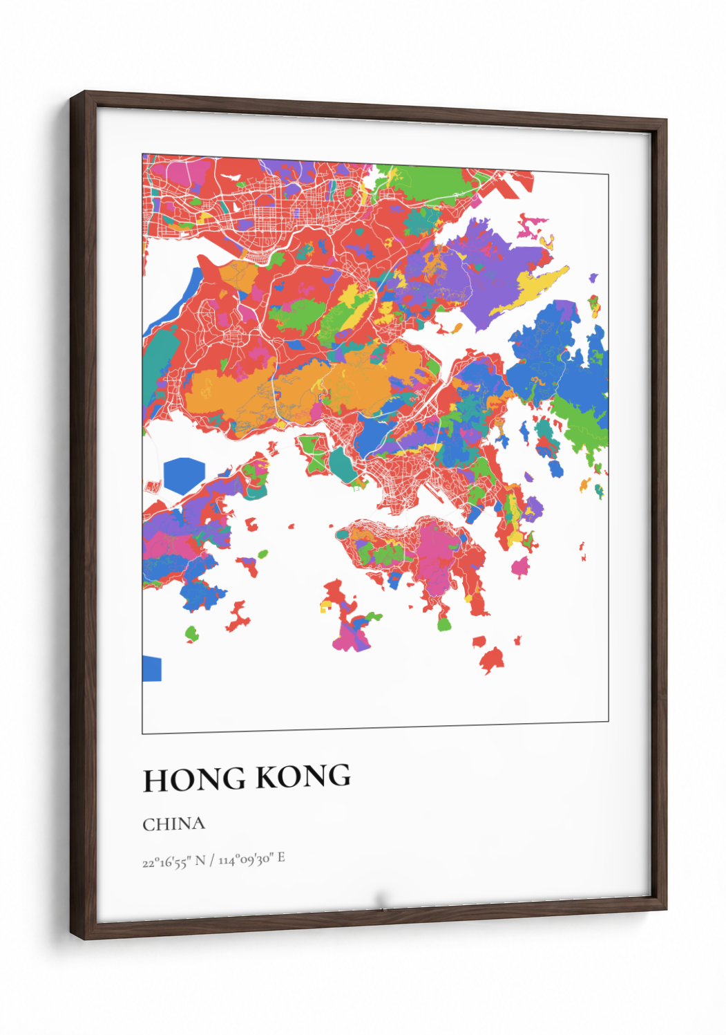 Custom Map Poster framed print in a brown frame