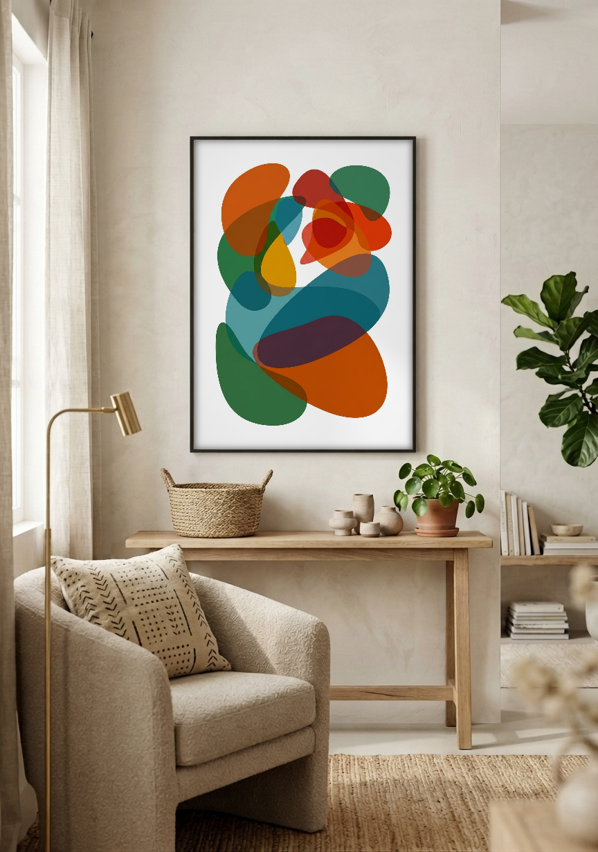 Abstract Art - Jumble Rainbow framed print in a room