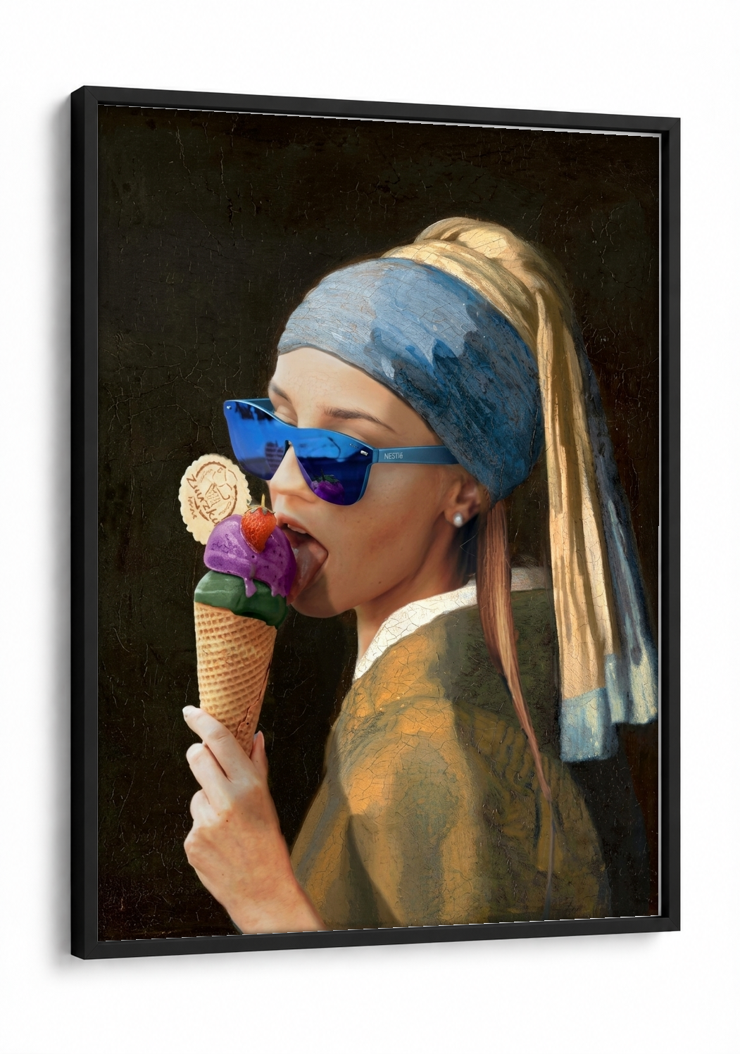 Pop Art - The Girl with a Pearl Ice cream framed print in a black frame