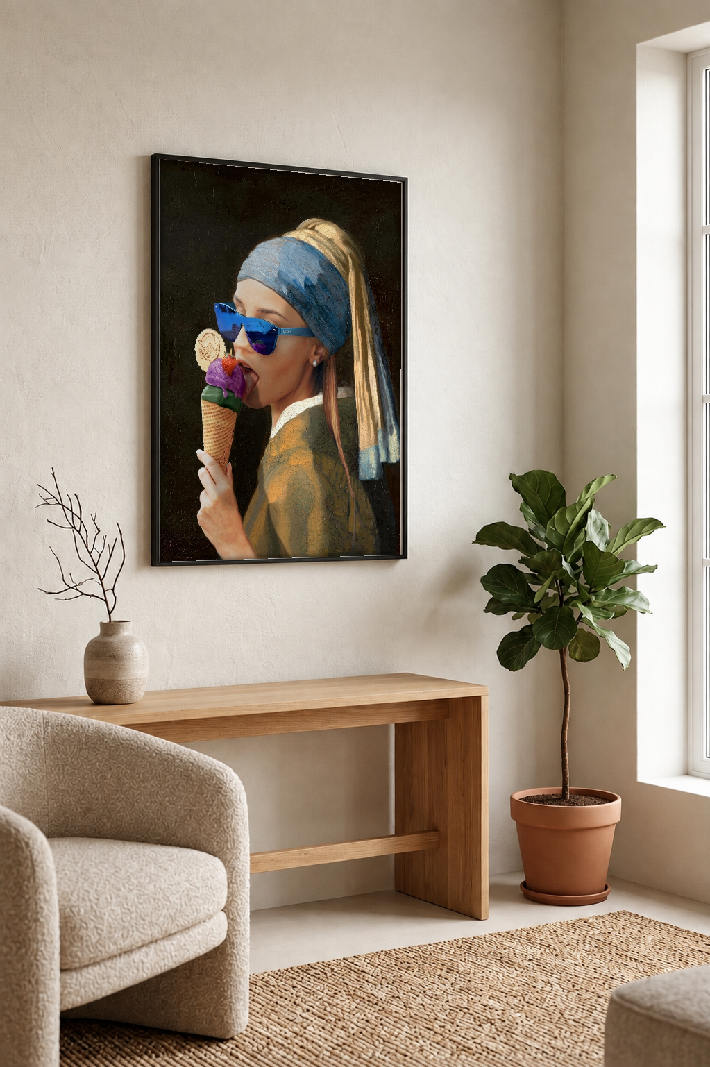 Pop Art - The Girl with a Pearl Ice cream framed print in a room