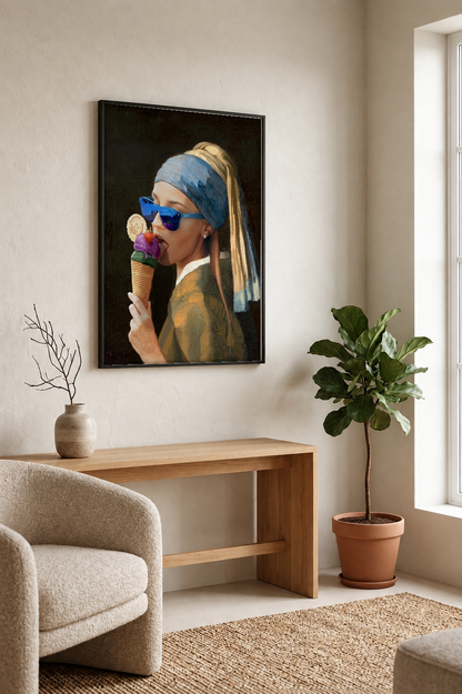 Pop Art - The Girl with a Pearl Ice cream framed print in a room