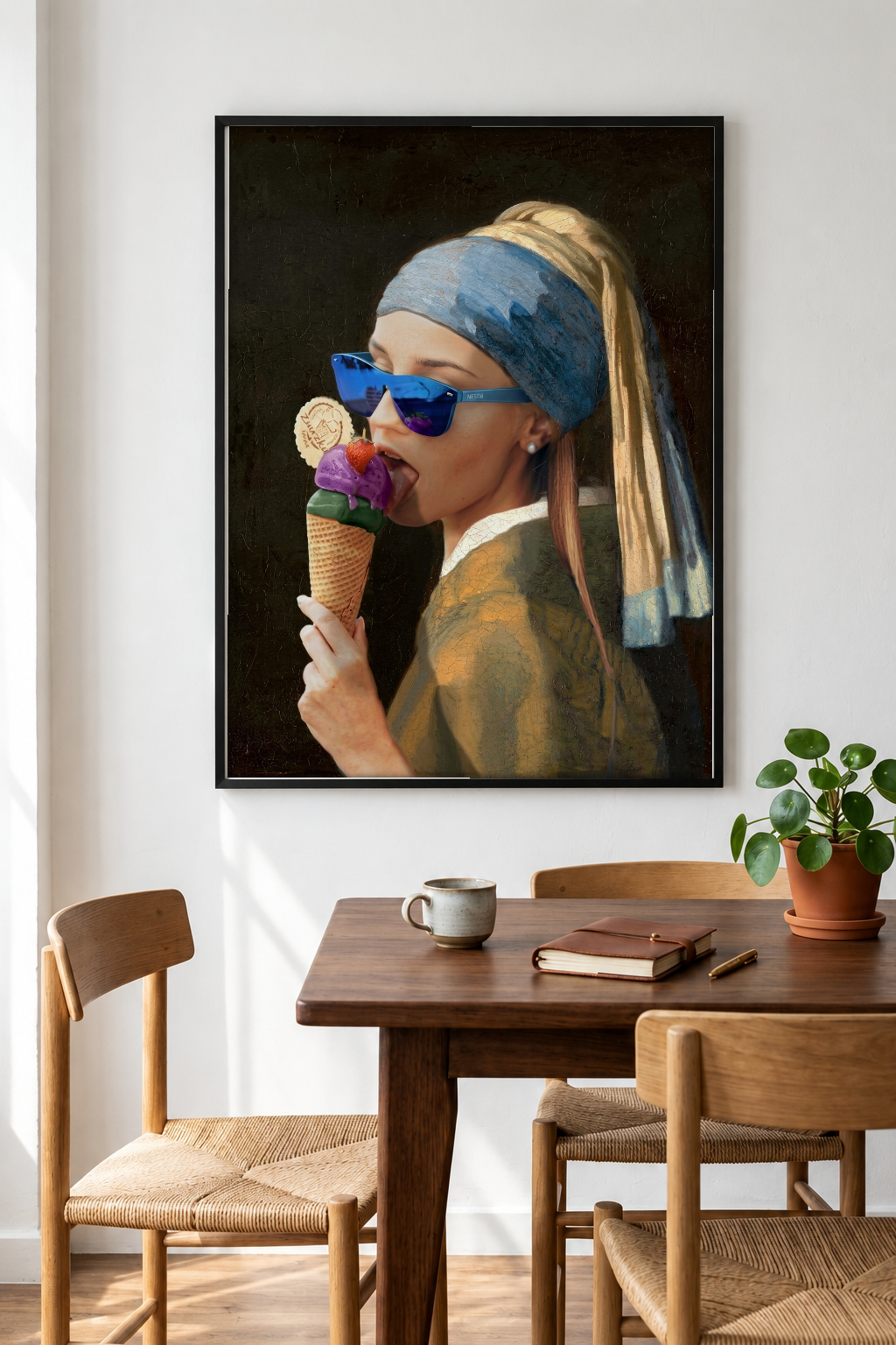 Pop Art - The Girl with a Pearl Ice cream framed print in a room