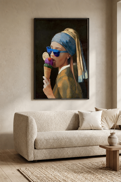 Pop Art - The Girl with a Pearl Ice cream framed print in a room
