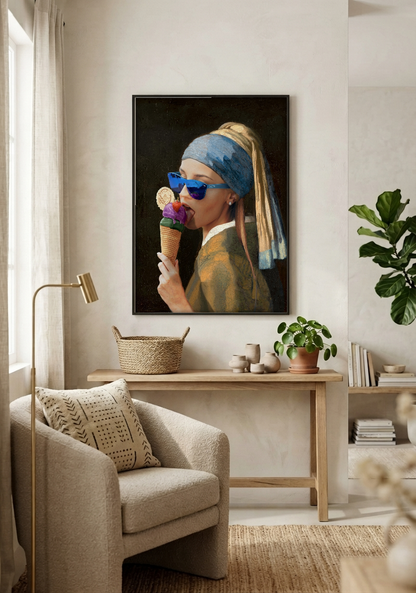 Pop Art - The Girl with a Pearl Ice cream framed print in a room