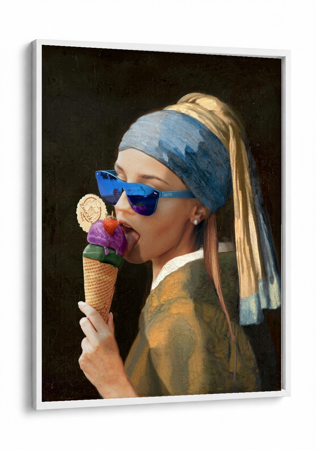 Pop Art - The Girl with a Pearl Ice cream framed print in a white frame