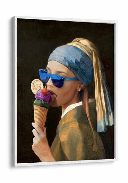 Pop Art - The Girl with a Pearl Ice cream framed print in a white frame