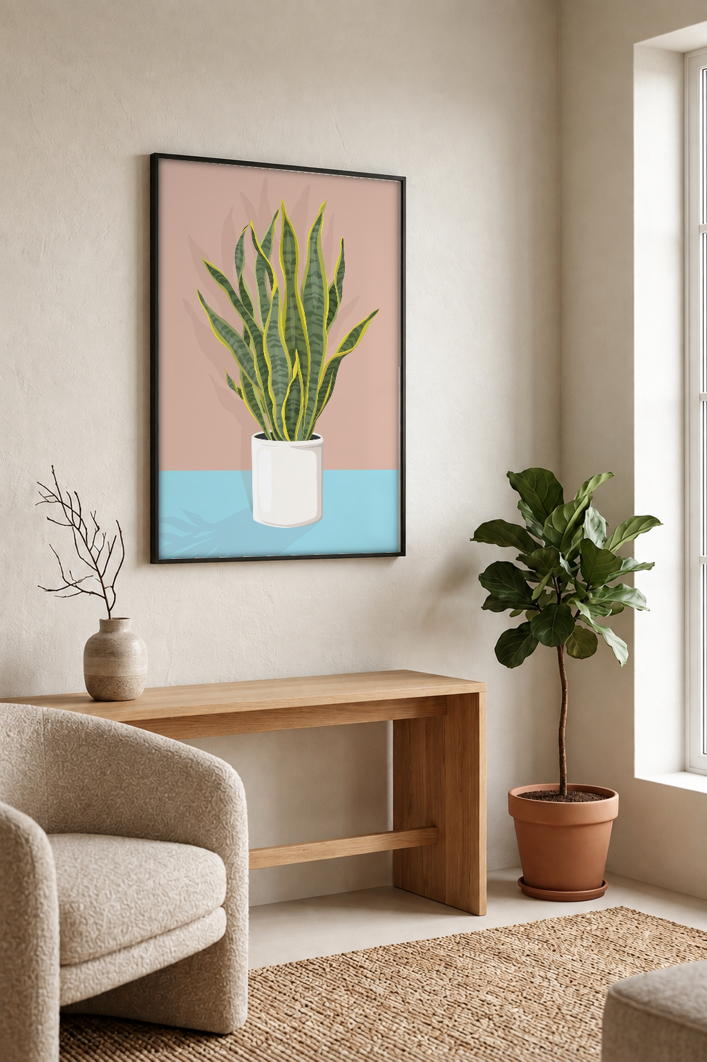 Boho Art - Potted Snake Plant framed print in a room