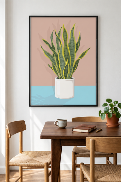 Boho Art - Potted Snake Plant framed print in a room
