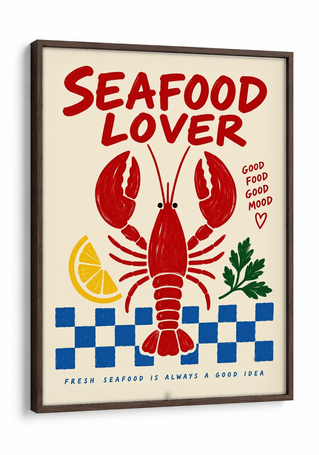 Pop Art - SeaFood Lover framed print in a brown frame